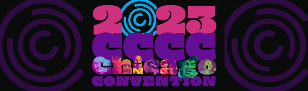 This is the logo for the 2023 CCCC Convention. It's purple, black, and pink and feels 60s/funky/groovy.